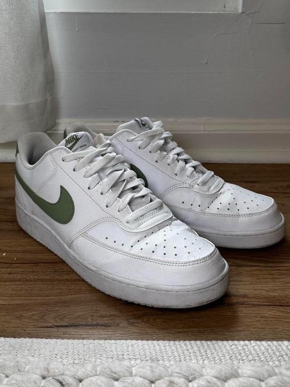 Nike Court Vision Men’s White Low-Top Sneakers with Olive Swoosh